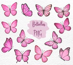 pink butterflies on white paper with the words butterflyes png written in purple ink