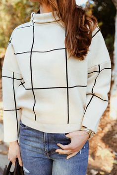 A perfect grid turtleneck sweater for your fall wardrobe! You can find it on Amazon! #amazonfashion #fashionista #fashionlover #fashionblogger #stylegirl #momstyle #casualstyle #fallfashion #fallfashiononabudget #fallfashioncheap #sweater #sweaterweather #turtleneck #casualstyle #momblogger White Mock Neck, Unique Sweaters, Plaid Sweater, Inspired Fashion, Pattern Sweater, Trendy Clothes For Women, Off The Grid, Mock Neck Sweater, Autumn Fashion Women