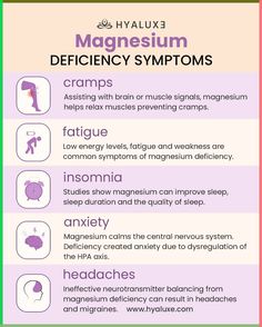 Magnesium deficiency symptoms 😰 Tag someone ~ follow us @hyaluxe for daily health advice. 💜 Like and save this post. To learn more about magnesium therapy visit our website hyaluxe.com #magnesium #magnesiumdeficiency #magnesiumbenefits Symptoms Of Low Magnesium, Magnesium Citrate Benefits For Women, Magnesium Deficiency Symptoms, Deficiency Symptoms, Low Magnesium, Sick Remedies, Holistic Diet, Magnesium Benefits