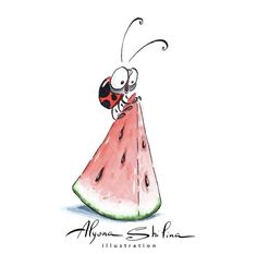 a drawing of a ladybug sitting on top of a piece of watermelon