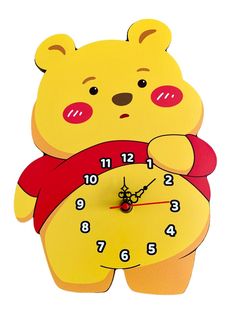 a winnie the pooh wall clock with red hands and numbers on its face is shown