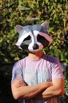 a man wearing a raccoon mask with his arms crossed in front of him