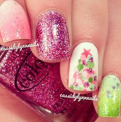 Pink & green Christmas tree Nail Design For Kids, One Nail Design, Nails Design Christmas, Pink And Green Christmas, Green Christmas Nails, Christmas For Kids, Holiday Themed Nails, Flamingo Nails, Christmas Flamingo