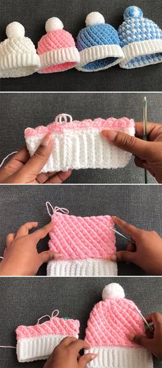 crocheted hats are being worked on by someone using scissors and yarn to make them