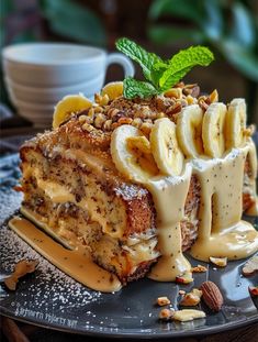 a piece of cake with bananas and nuts on top