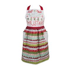 a christmas apron with the words merry on it and an apron in red, green, white