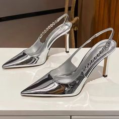 Shiny High Heels Slingback Women Pumps Metallic Crystal Sandals Pointy Toe Stiletto Heeled Shoes Heels Slingback, Crystal Sandals, Womens Pumps, Rhinestone Heels, Pointed Heels, Silver Heels, Dress Shoes Womens, Silver Shoes, Heel Type