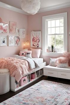 a bedroom with pink and white decor in the corner, including a large rug on the floor