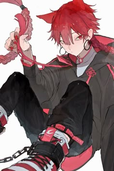 an anime character with red hair sitting on the ground holding a rope and wearing boots