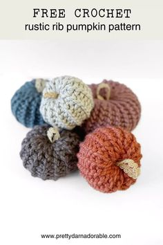 four crocheted pumpkins with the text free crochet rustic rib pumpkin pattern