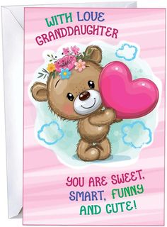 a card with a teddy bear holding a heart