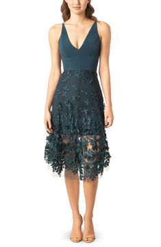 A floral-embroidered mesh skirt floats over the minidress base layer of this alluring midi that can easily dance the night away. 44 1/2" length (size Medium) Hidden back-zip closure Deep V-neck Lined 100% nylon Dry clean or hand wash, line dry Imported Sheer Floral Dress, Mesh Cocktail Dress, Shop Dress, Form Fitting Dress, Mesh Skirt, Dress The Population, Peacock Blue, Knee Length Skirt, Wedding Attire