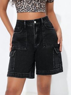 Women's Loose-Fitting Casual Denim Shorts With Workwear Style Pockets Black Casual   Denim Plain Bermuda Non-Stretch  Women Clothing, size features are:Bust: ,Length: ,Sleeve Length: Black Cargo Shorts Women, Long Jean Shorts, Cargo Shorts Women, Casual Denim Shorts, Workwear Style, Black Jean Shorts, Workwear Fashion, Shorts Casual, Denim Shorts Women