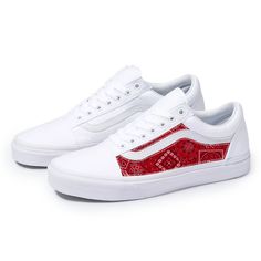 Add these lit custom Old Skool Vans with a red bandana pattern to your kicks collection. We meticulously measure and custom laser cut the fabric to best-fit Old Skool Vans. Each custom-made pair is unique and will not match the listing images. The shoes will ship out within 5 days of the original purchase. Each pair will have custom fabric on the outer side of each pair. Both sides can be customized if requested. Important: No refunds or exchanges! Unisex Size Chart Conversion ( Size Men's + 1.5 Custom Sneakers Diy, Bandana Pattern, Vans White, Red Bandana, Custom Sneakers, Red Ruby, Old Skool, Vans Old Skool Sneaker, Handmade Shoes