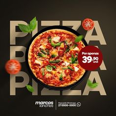 an advertisement for a pizza restaurant with tomato slices and basil leaves on the top of it