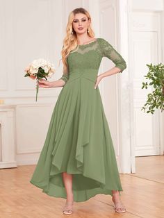 #color_Olive Green Olive Green Bridesmaid Dresses, Bridesmaid Dresses Dusty Sage, Lace Chiffon Bridesmaid Dress, Short Sleeves Dress, Dress Asymmetrical, Chiffon Bridesmaid Dresses, Green Bridesmaid Dresses, Lace Chiffon, Illusion Neckline