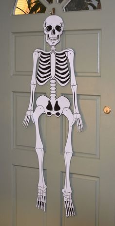 a skeleton hanging from the side of a door