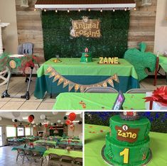 this is a collage of photos with green and red decorations at a children's birthday party