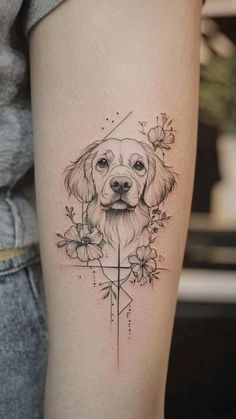 a dog's face with flowers on the thigh