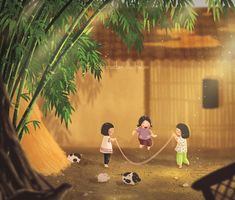 three children are playing with a rope in the dirt near a palm tree and a dog