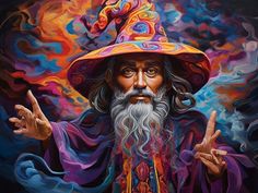 a painting of an old man with a wizard hat and long white beard, holding his hands up in the air