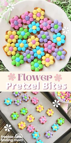 flower pretzel bites on a plate with flowers in the background and text overlay that reads, flower pretzel bites