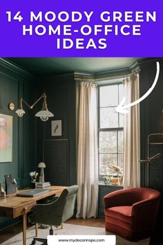 a home office with green walls and curtains