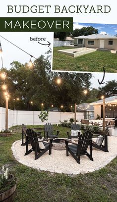 backyard makeover before and after with lights strung over the back yard, patio furniture and landscaping