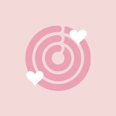 two hearts are in the center of a spiral design on a pink background with white circles