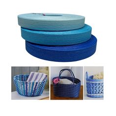 four different types of baskets with blue and white stripes on the bottom, one has a basket