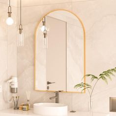 a bathroom with a sink, mirror and plants on the counter top in front of it