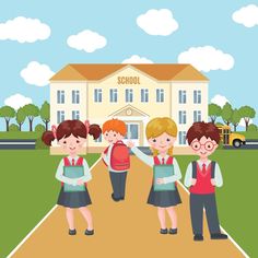 three children are standing in front of a school building