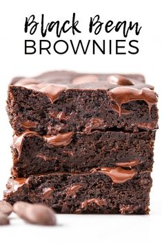 chocolate brownies are stacked on top of each other with the words, black bean brownies