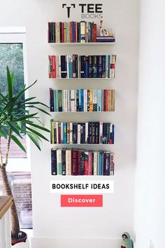 a bookshelf filled with lots of books next to a potted palm tree