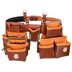 six pieces of brown leather with orange linings and buckles on each side, all in different sizes