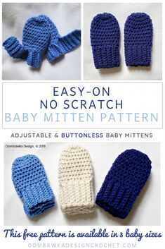 three knitted mittens are shown with the text easy - on no scratch baby mitten