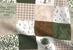 a patchwork quilt with trees and deers on it, saying from little seeds to grow mighty trees