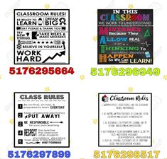 four different types of classroom posters with numbers and words on them, including one for each class