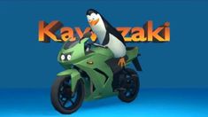 a penguin riding on the back of a green motorcycle