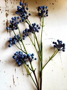 some blue flowers are sitting on a white surface with paint peeling off the wall behind them