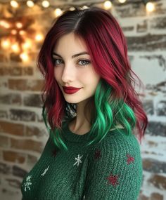 Add some festive flair to your look with a Hair Color Christmas classic: red and green ombre! Perfect for those who love bold looks, this style celebrates the season. Whether you're in Angeles or anywhere, the Bright Hair Color Ideas of this design will make a statement at any holiday gathering. If you’re exploring Christmas Hair Color Ideas For Brunettes, this is a bold and exciting option. Embrace the Holiday Hair Color and spread joy everywhere you go. Christmas Hair Colour Ideas, Red Green Hair, Christmas Clothing