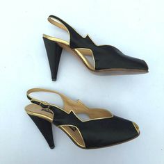 Rare Vintage Maud Frizon Paris Black Satin + gold trim open toe heels 6 /37 FAB | eBay Classic Open Toe Heels For Galas, Vintage Formal Heels With Contrasting Heel Counter, Vintage Heels With Contrasting Heel Counter For Formal Occasions, Vintage Black Sandals With Open Heel, Vintage Heels For Gala, Classic Gold Evening Sandals, Retro Open Toe Sandals For Formal Occasions, Retro Open Heel Evening Heels, Vintage Gold Sandals For Evening