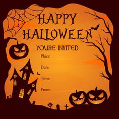 a halloween party poster with pumpkins and bats on it's side, in front of an orange sky