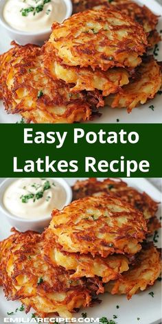 potato latkes with sour cream and parsley on top are served in white plates