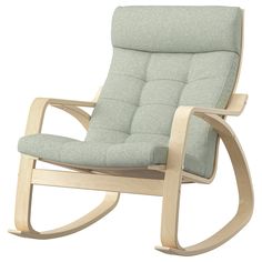 the rocking chair is made from wood and has a light green seat pad on it