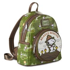 Always be prepared, just like a good Beagle Scout with this Peanuts mini backpack from Loungefly. Beagle Scout Snoopy and his feathered friends decorate this faux-leather mini backpack that's both fashionable and functional. Hallmark exclusive camo-green backpack features a fun print of camping scenes and a canteen-shaped front pocket with embroidered and appliqué details. With side slip pockets, an interior zip pocket and a coordinating print lining of Scout patches, this bag makes the perfect Jansport Backpack Rilakkuma, Peanuts Aesthetic, Senior Backpacks, Camping Indoors, Snoopy Bag, Snoopy Beagle, Disney Tote Bags, Scout Patches, Loungefly Mini Backpack