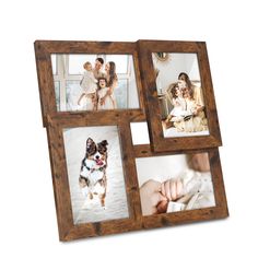 three wooden frames with pictures of people and a dog on the front, one holding a baby's hand