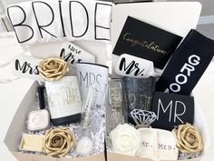 the bridal gift box is filled with personalized items for brides and grooms