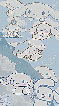 an image of some cartoon animals in the sky with clouds and flowers on it's back