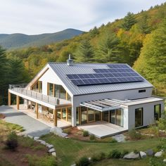 mountain retreat with solar panels Light Grey Metal Roof, Grey Metal Roof, Modern Mountain House, Solar Roof, Grey Metal, Modern Mountain, Mountain Homes, Mountain Retreat, Trends 2023